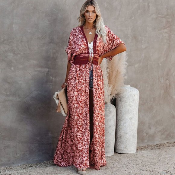 New Red Floral & Lace Kimono Maxi Beach Dress Cover-Up - Picture 6 of 12